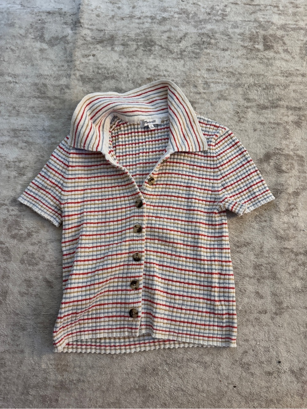 Madewell Cream Waffle-Knit Polo with Red and Blue Stripes